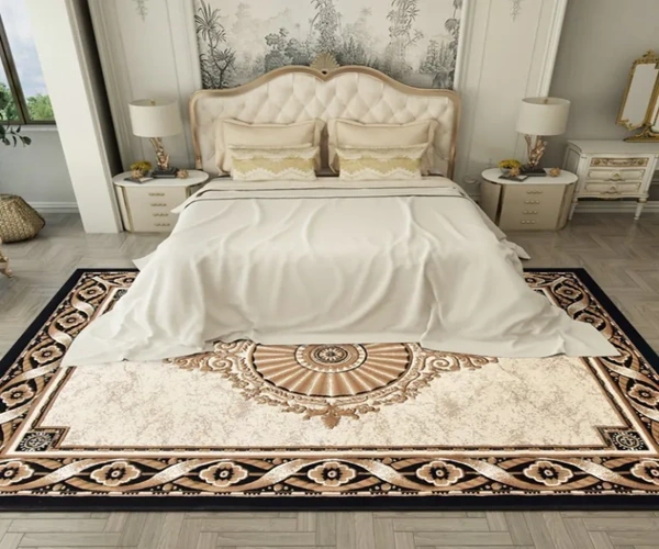 Elegant, luxurious Rug with intricate design in bedroom.