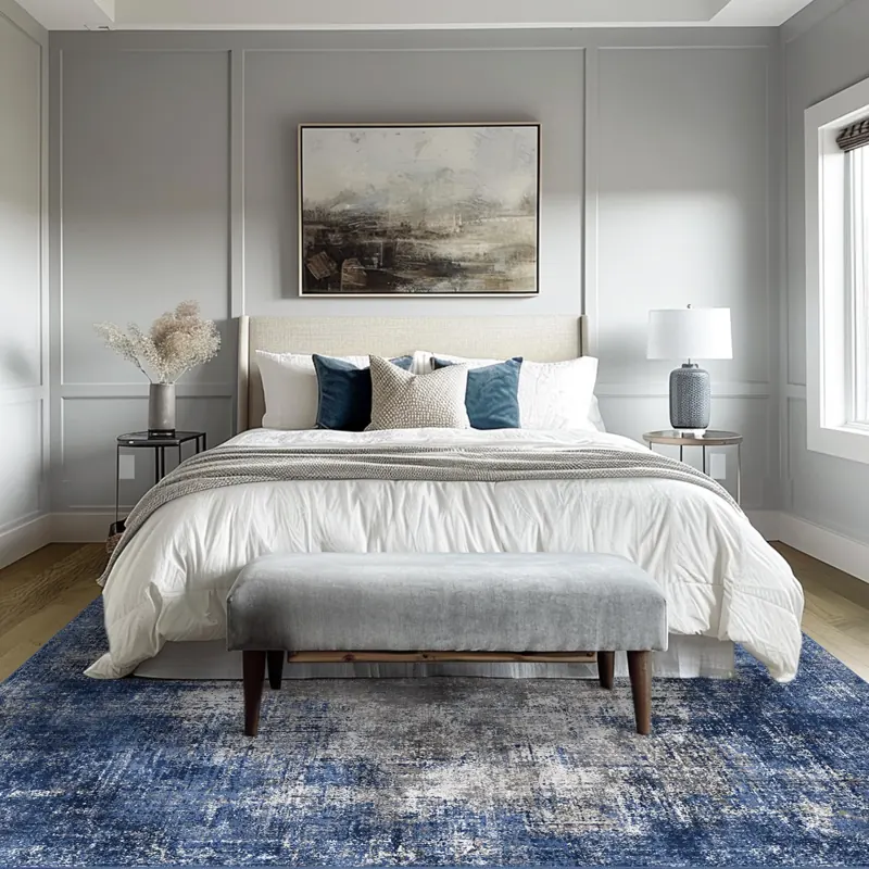 Traditional Medallion bedroom with abstract floor rug comfortable bedding stylish decor.