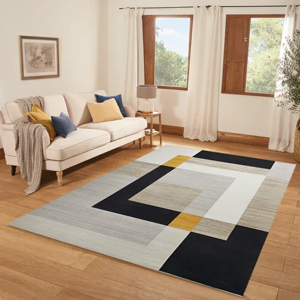 modern living room decor with colorful Geometric rug.