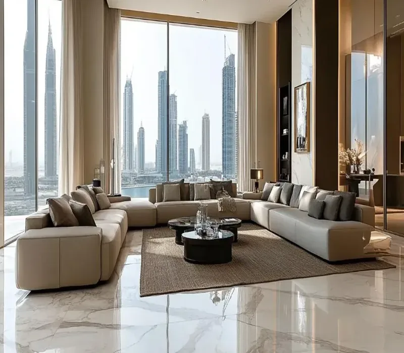 Neutral jute rug on marble floor with cityscape