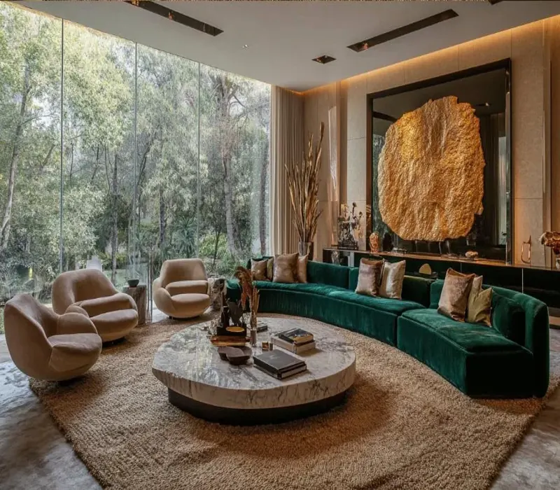 Thick woven jute rug under curved sofa