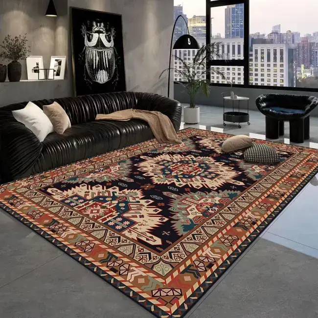 Dark geometric Persian rug in room