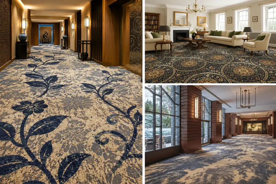 Three elegant interior spaces featuring patterned Axminster Carpets