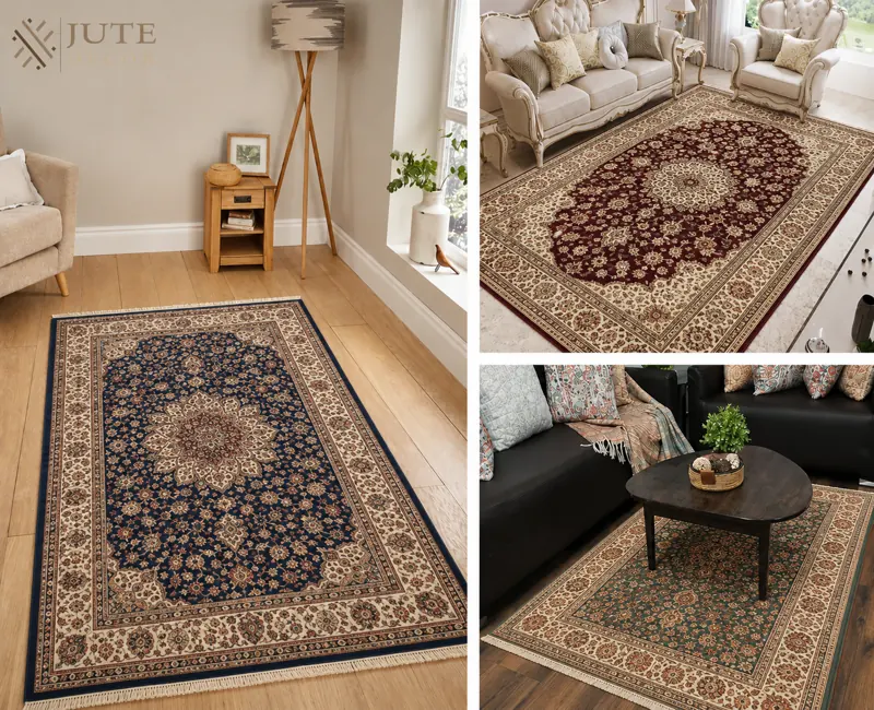Three living rooms featuring traditional Persian rugs in Dubai.