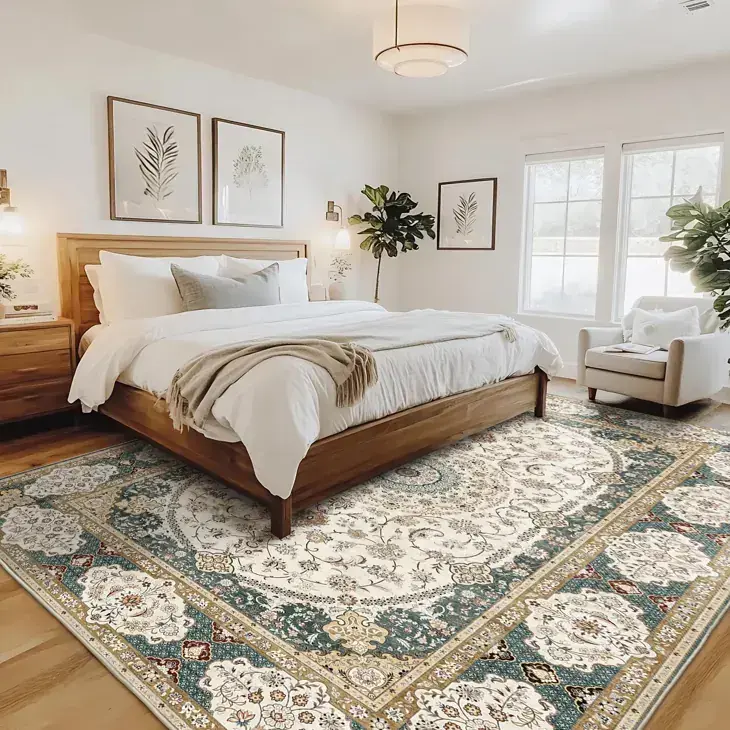 Vintage floral Persian carpet in bedroom