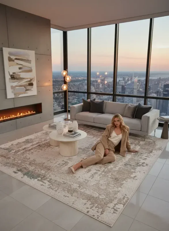 Abstract beige area rug in luxury penthouse room