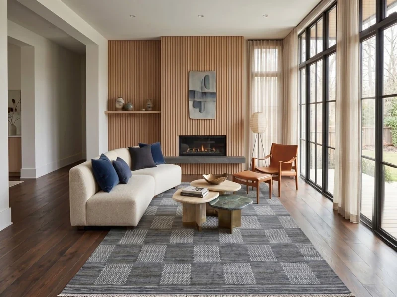 Grey checkered area rug in modern living room