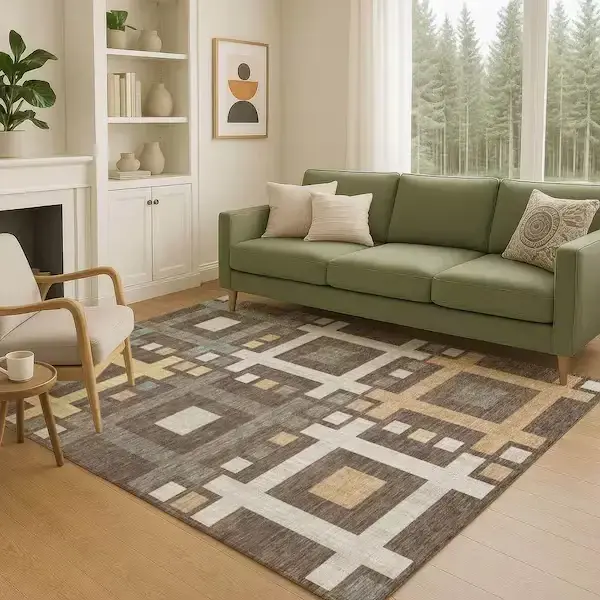 Modern check pattern rug in green room