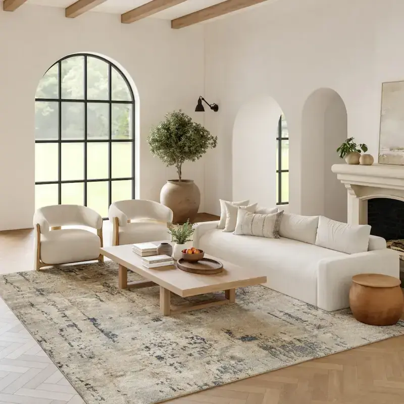 Neutral beige distressed rug in modern room