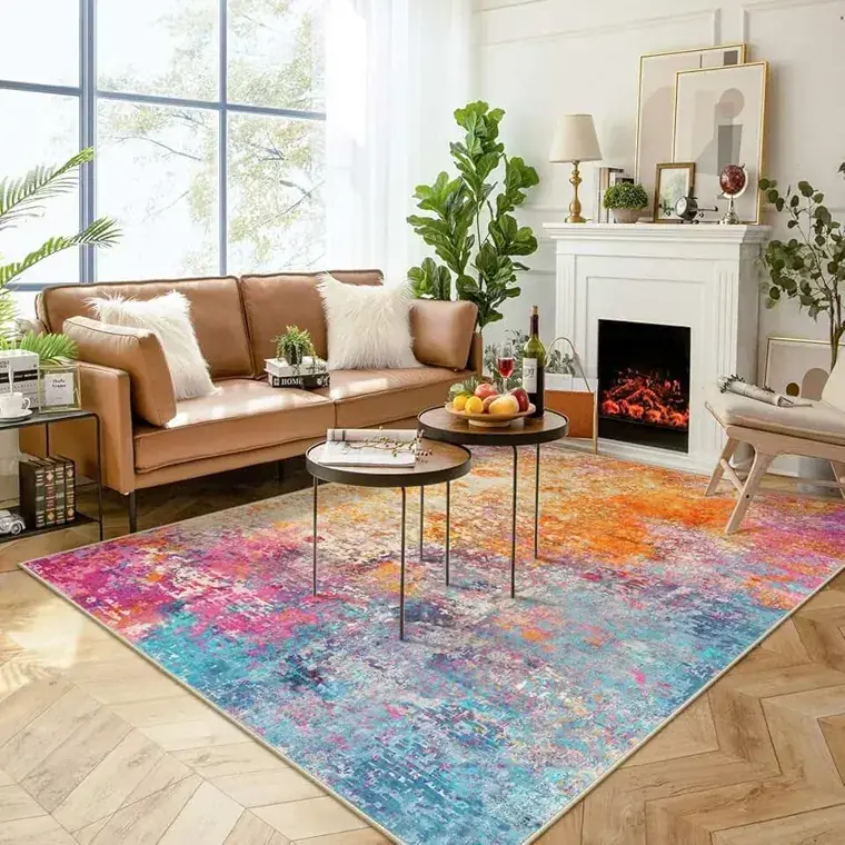 Vibrant multicolor abstract rug in living room