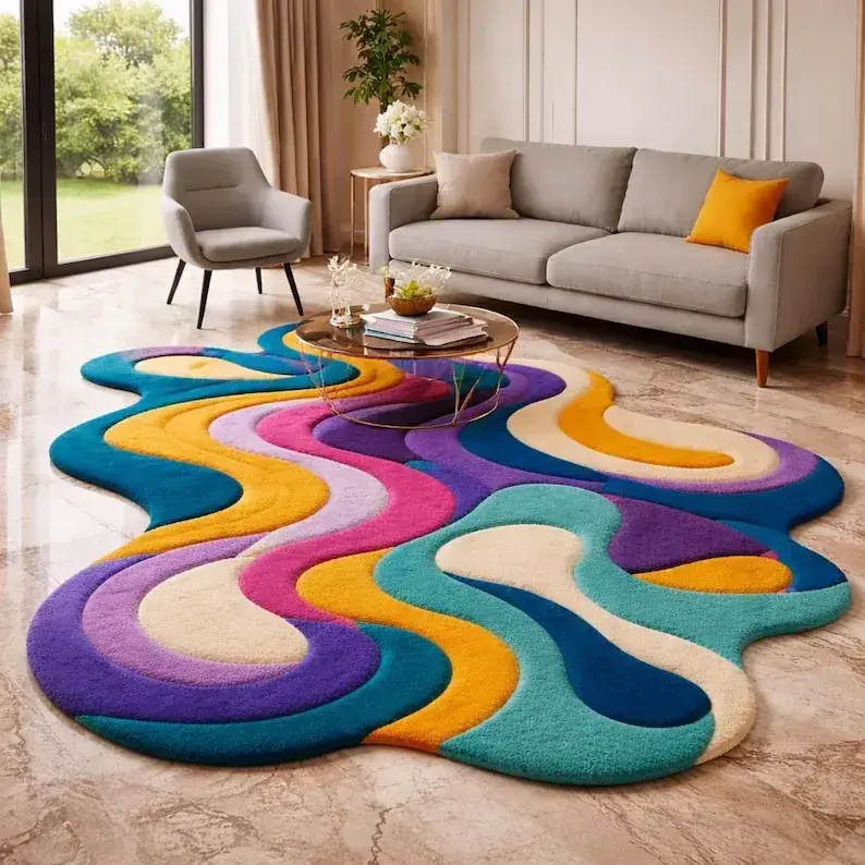 Vibrant wavy abstract rug for living room